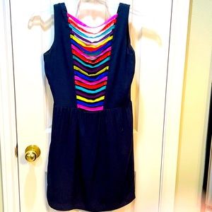 Designer Original Silk Navy Dress W/Colorful Accents, Open Back, Sz. 6, EUC